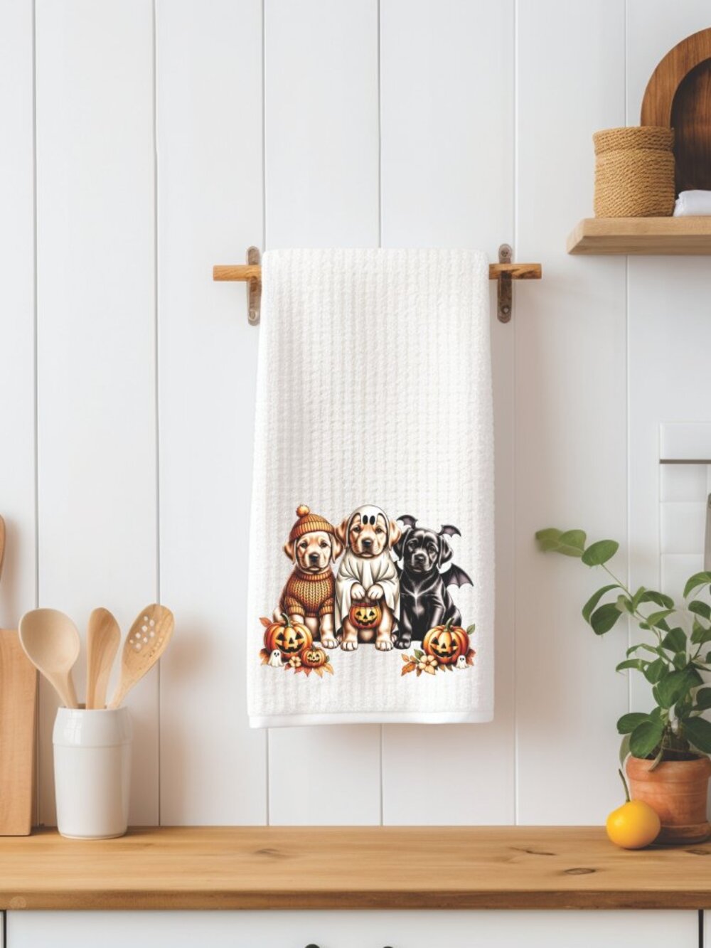Labrador Retriever Puppies In Costumes Halloween Decorative Kitchen Tea Towel